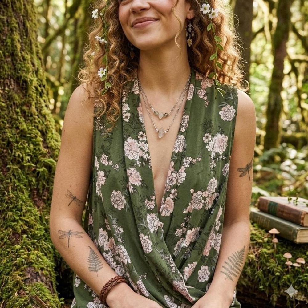 cottagecore‎ fairycore olive green floral wrap tank top forest pixie core medium